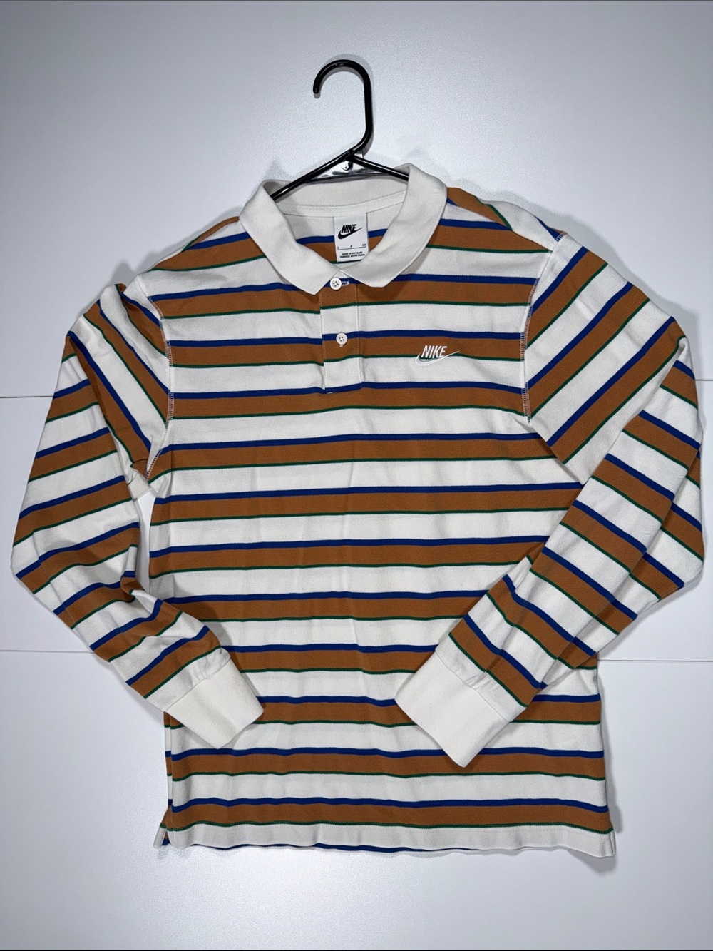 Nike Long-Sleeve Striped Polo in Cream, Brown & Blue